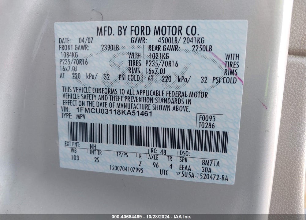 2008 FORD ESCAPE XLT VIN: 1FMCU03118KA51461