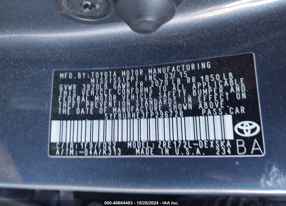 2015 TOYOTA COROLLA S PLUS VIN: 5YFBURHE3FP296728