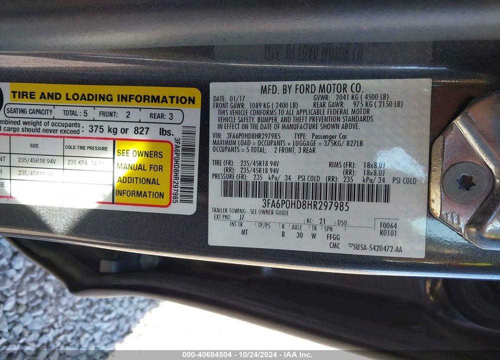 2017 FORD FUSION SE VIN: 3FA6P0HD8HR297985