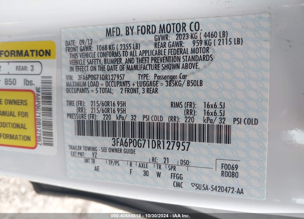 2013 FORD FUSION S VIN: 3FA6P0G71DR127957