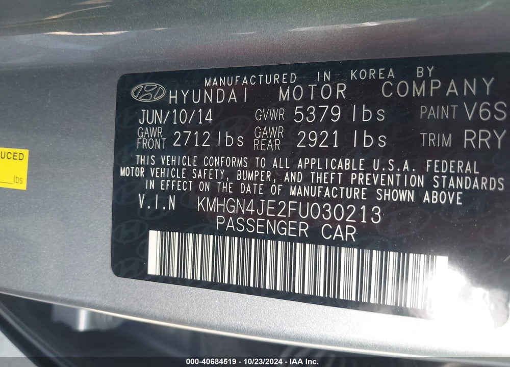 2015 HYUNDAI GENESIS 3.8 VIN: KMHGN4JE2FU030213