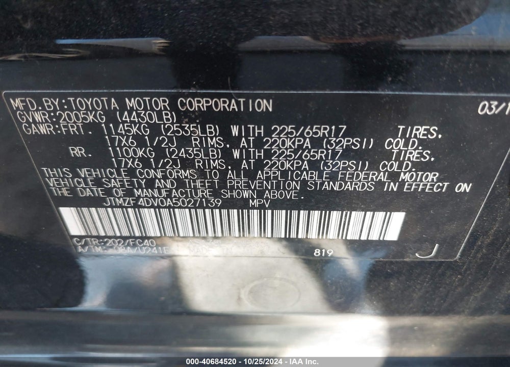 2010 TOYOTA RAV4 VIN: JTMZF4DV0A5027139