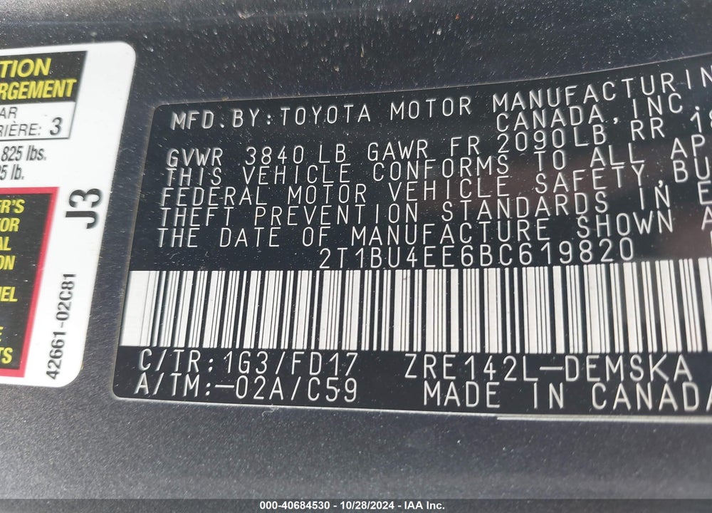 2011 TOYOTA COROLLA S VIN: 2T1BU4EE6BC619820