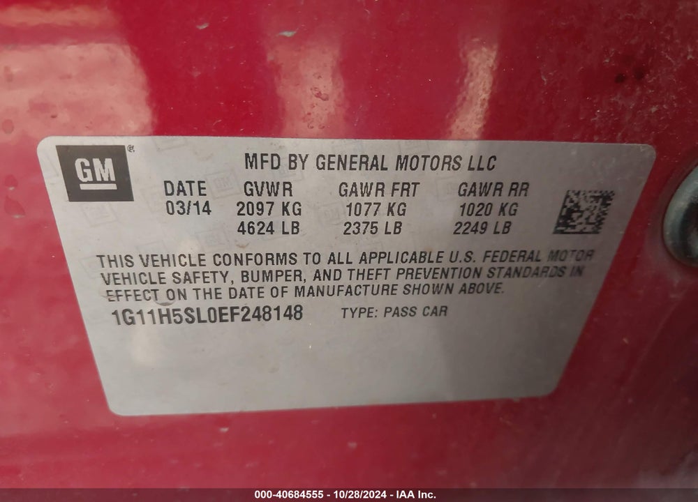 2014 CHEVROLET MALIBU 1LZ VIN: 1G11H5SL0EF248148