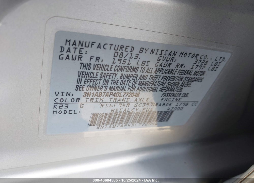 2013 NISSAN SENTRA S VIN: 3N1AB7AP4DL772046