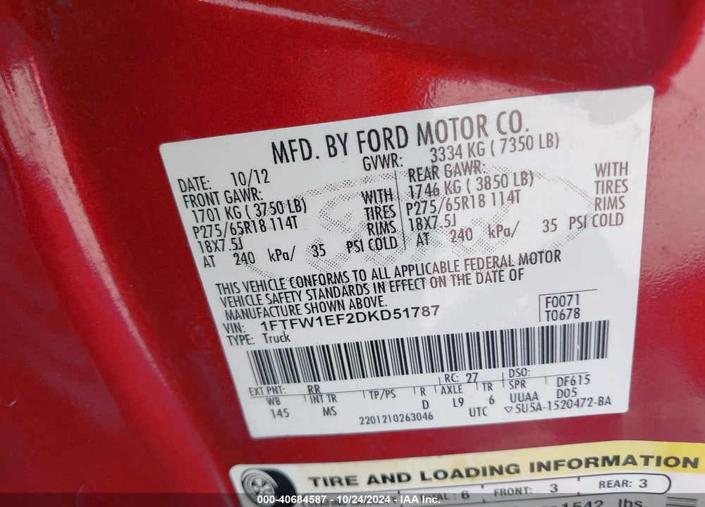 2013 FORD F-150 XLT VIN: 1FTFW1EF2DKD51787