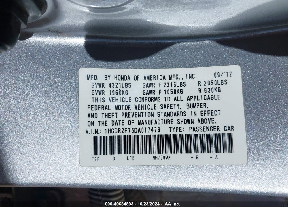 2013 HONDA ACCORD EX VIN: 1HGCR2F75DA017476