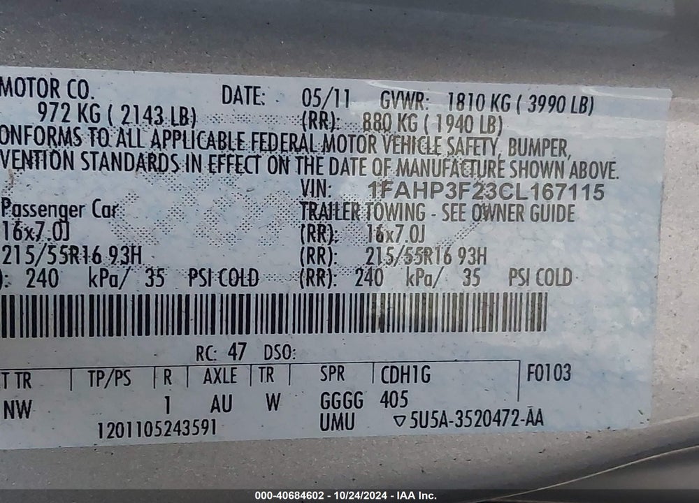 2012 FORD FOCUS SE VIN: 1FAHP3F23CL167115
