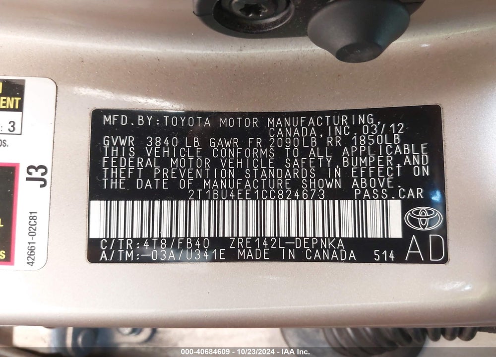 2012 TOYOTA COROLLA LE VIN: 2T1BU4EE1CC824673