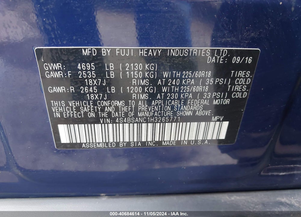 2017 SUBARU OUTBACK 2.5I LIMITED VIN: 4S4BSANC1H3265771