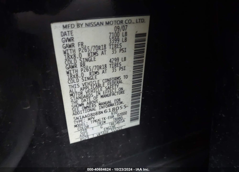 2008 NISSAN ARMADA SE VIN: 5N1AA08D88N618055