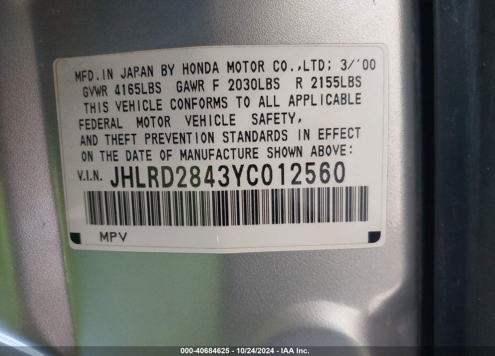 2000 HONDA CR-V LX VIN: JHLRD2843YC012560