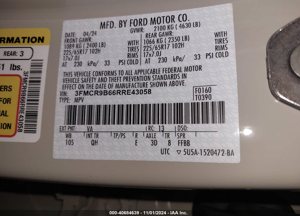 2024 FORD BRONCO SPORT BIG BEND VIN: 3FMCR9B66RRE43058