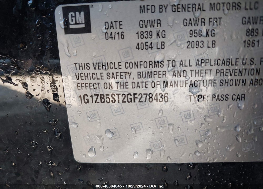 2016 CHEVROLET MALIBU LS VIN: 1G1ZB5ST2GF278436