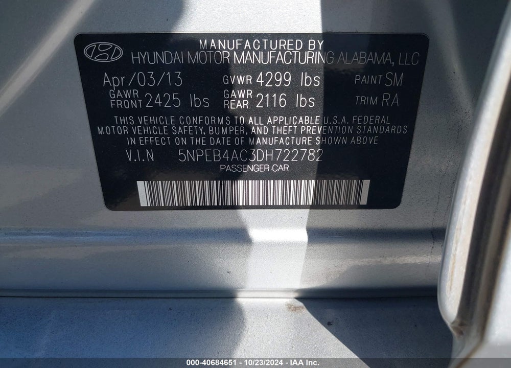 2013 HYUNDAI SONATA GLS VIN: 5NPEB4AC3DH722782