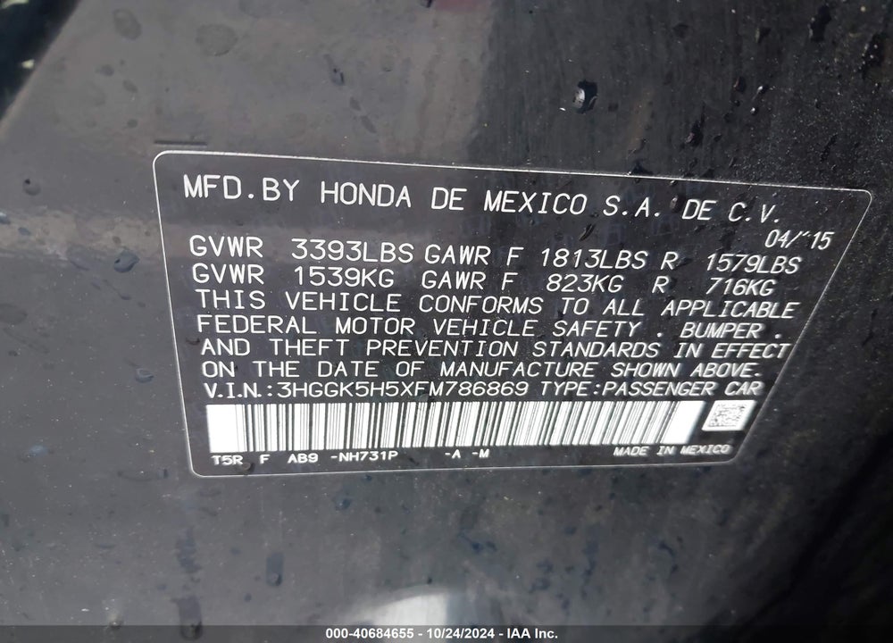2015 HONDA FIT LX VIN: 3HGGK5H5XFM786869