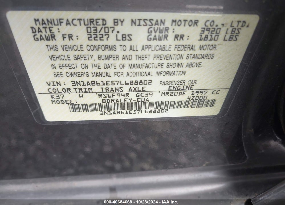 2007 NISSAN SENTRA VIN: 3N1AB61E57L688802