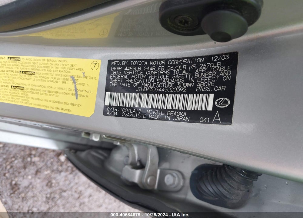 2004 LEXUS ES 330 VIN: JTHBA30G445020392