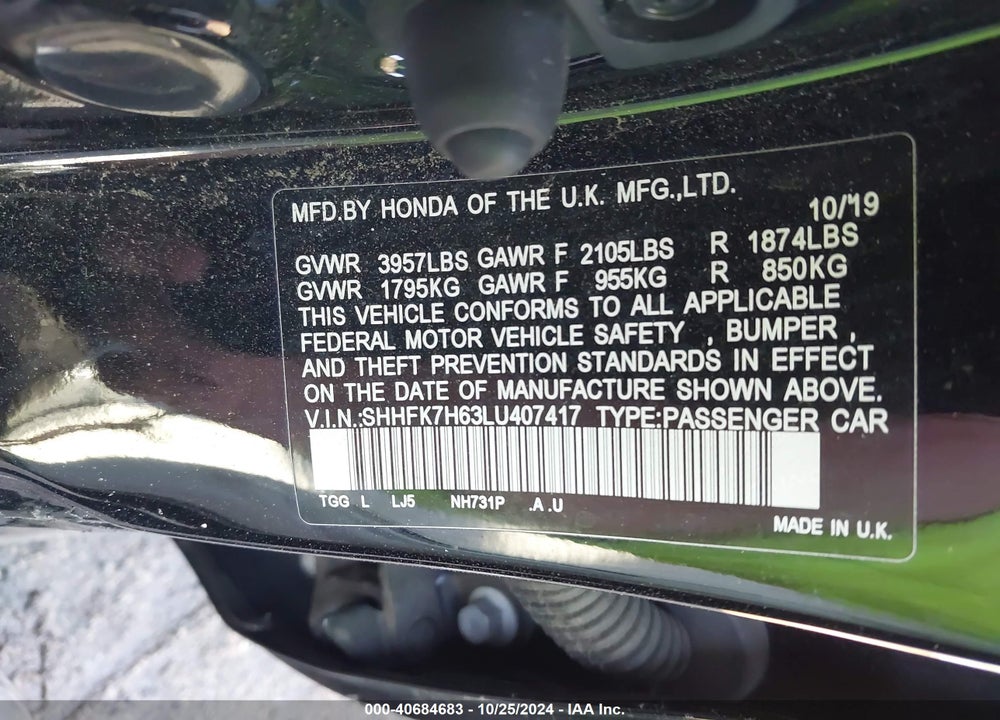 2020 HONDA CIVIC EX VIN: SHHFK7H63LU407417