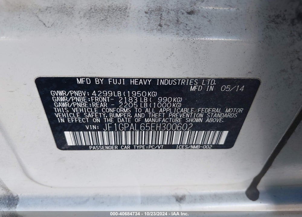 2014 SUBARU IMPREZA 2.0I SPORT PREMIUM VIN: JF1GPAL65EH300602