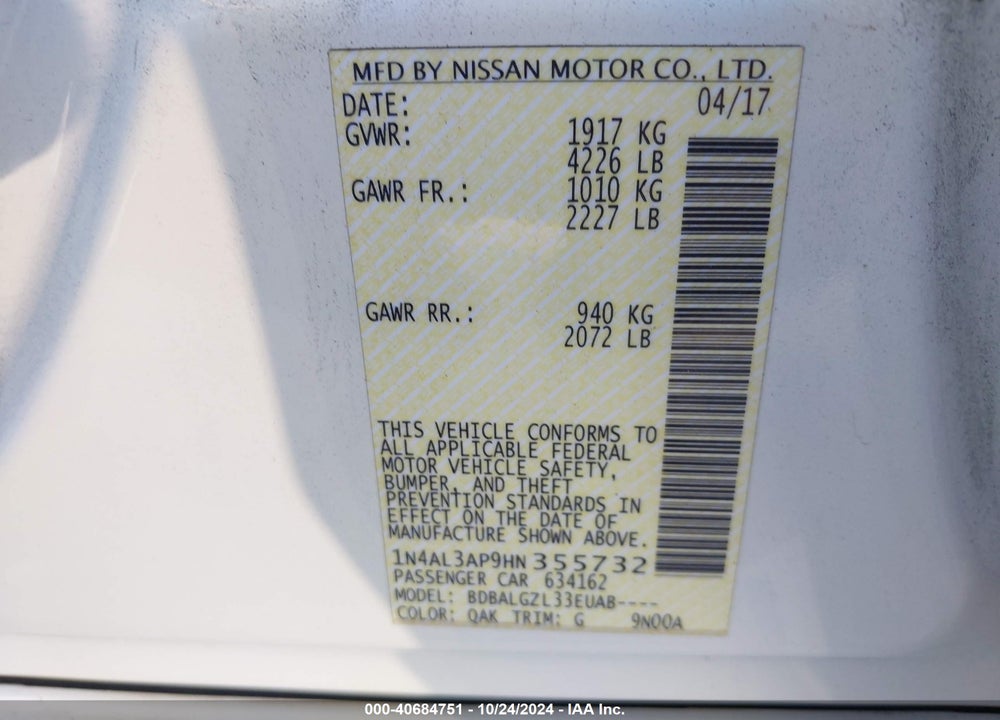 2017 NISSAN ALTIMA 2.5 S VIN: 1N4AL3AP9HN355732