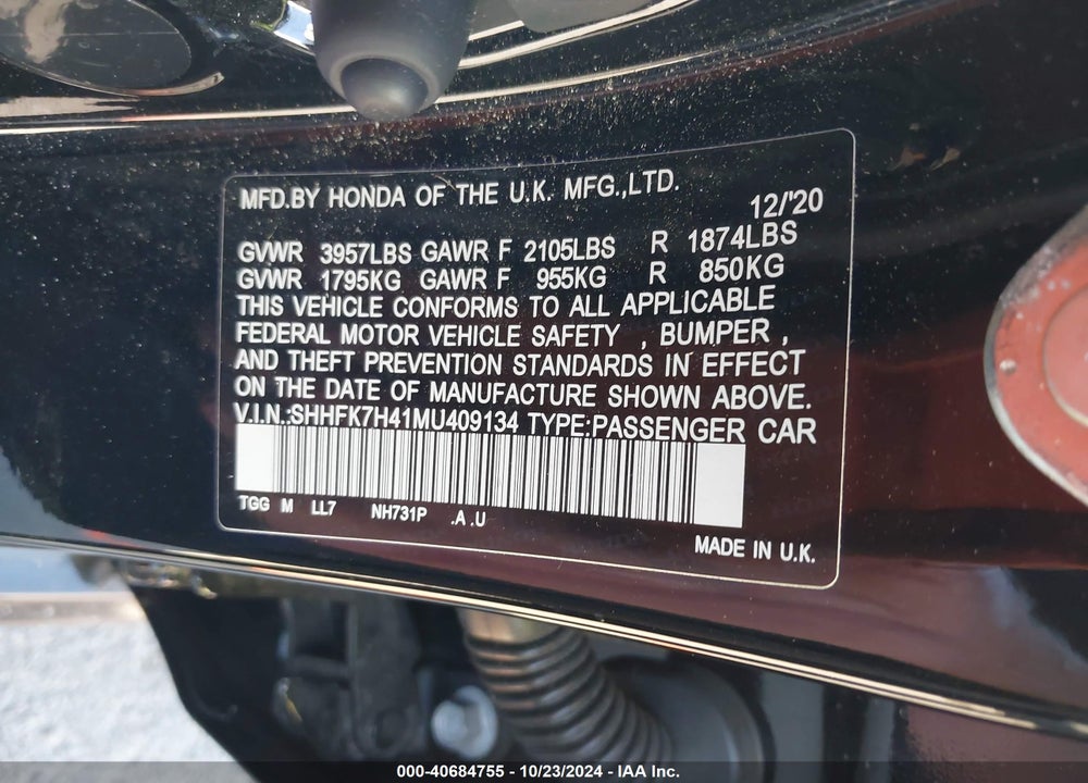 2021 HONDA CIVIC SPORT VIN: SHHFK7H41MU409134