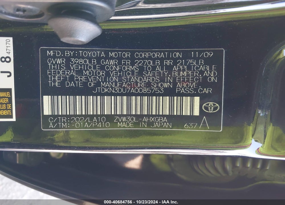 2010 TOYOTA PRIUS IV VIN: JTDKN3DU7A0085753