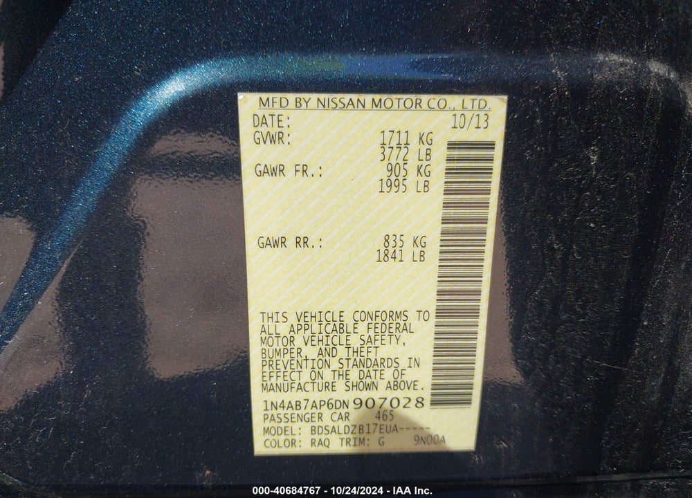 2013 NISSAN SENTRA SV VIN: 1N4AB7AP6DN907028