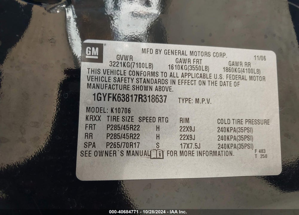 2007 CADILLAC ESCALADE STANDARD VIN: 1GYFK63817R318637