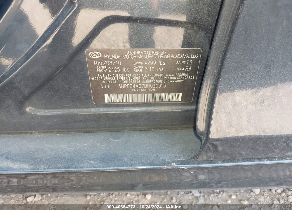 2011 HYUNDAI SONATA GLS VIN: 5NPEB4AC7BH030313