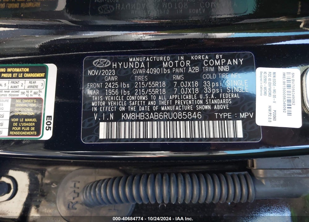 2024 HYUNDAI KONA SEL VIN: KM8HB3AB6RU085846