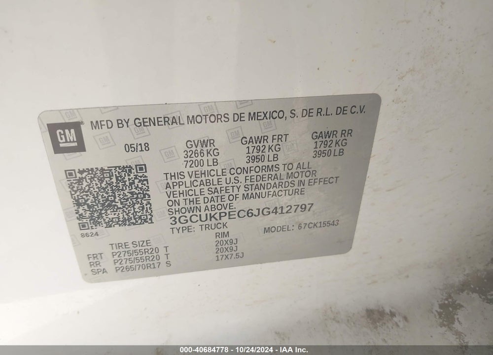 2018 CHEVROLET SILVERADO 1500 CUSTOM VIN: 3GCUKPEC6JG412797