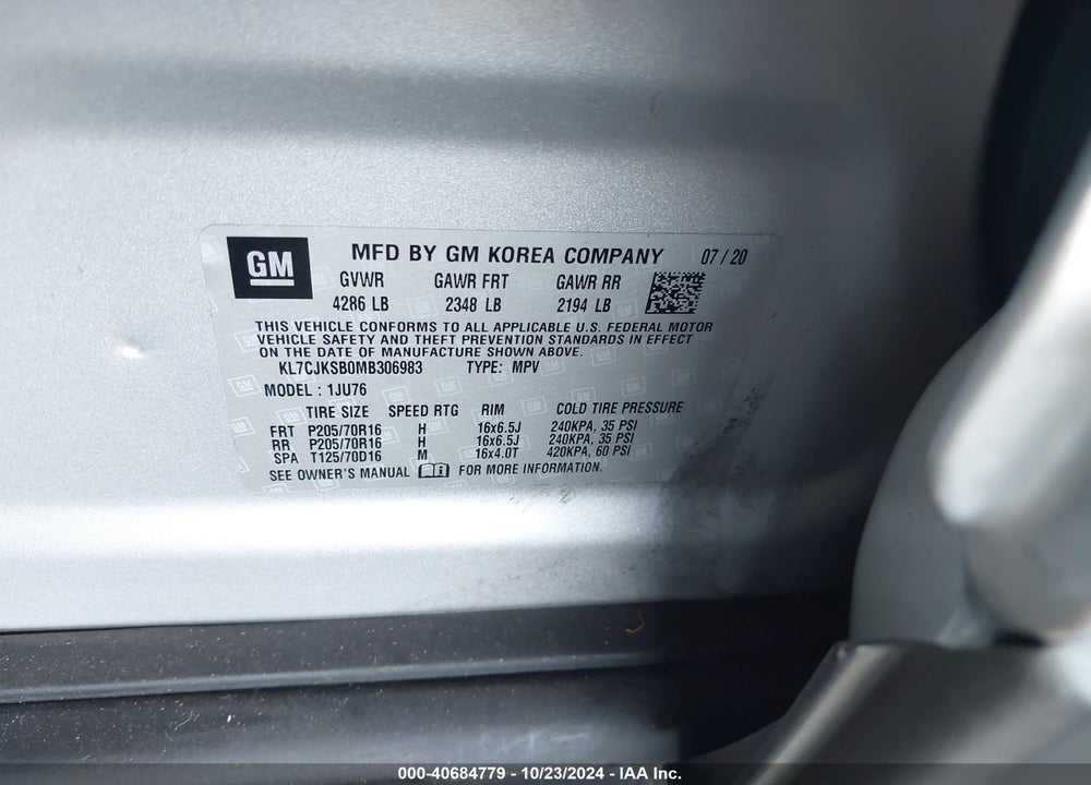 2021 CHEVROLET TRAX FWD LS VIN: KL7CJKSB0MB306983