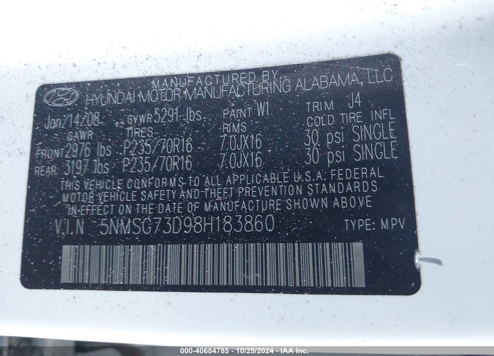 2008 HYUNDAI SANTA FE GLS VIN: 5NMSG73D98H183860