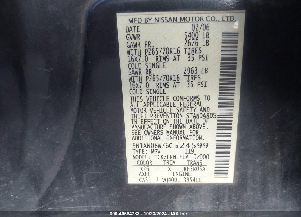 2006 NISSAN XTERRA S VIN: 5N1AN08W76C524599