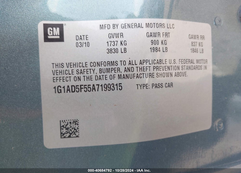2010 CHEVROLET COBALT LT VIN: 1G1AD5F55A7199315
