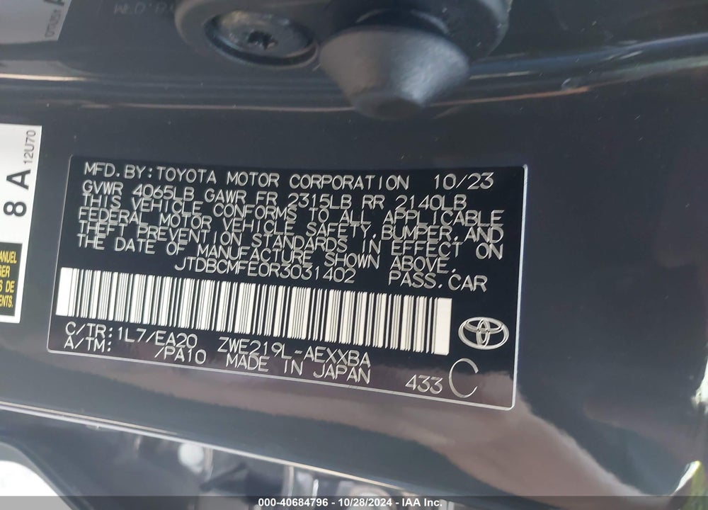 2024 TOYOTA COROLLA HYBRID XLE VIN: JTDBCMFE0R3031402