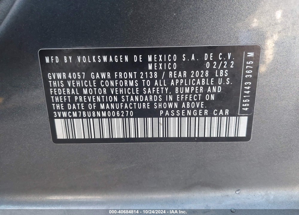 2022 VOLKSWAGEN JETTA 1.5T S VIN: 3VWCM7BU8NM006270