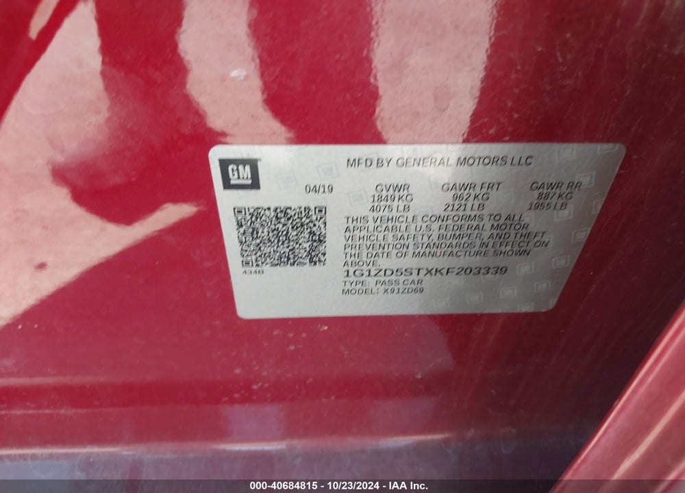 2019 CHEVROLET MALIBU LT VIN: 1G1ZD5STXKF203339