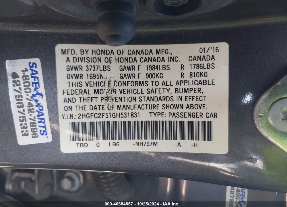 2016 HONDA CIVIC LX VIN: 2HGFC2F51GH531831