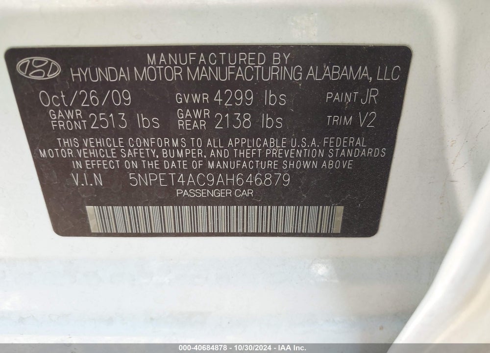 2010 HYUNDAI SONATA GLS VIN: 5NPET4AC9AH646879