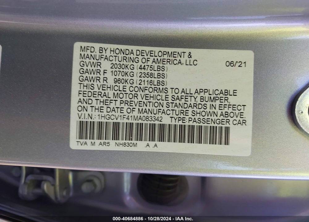 2021 HONDA ACCORD SPORT SPECIAL EDITION VIN: 1HGCV1F41MA083342