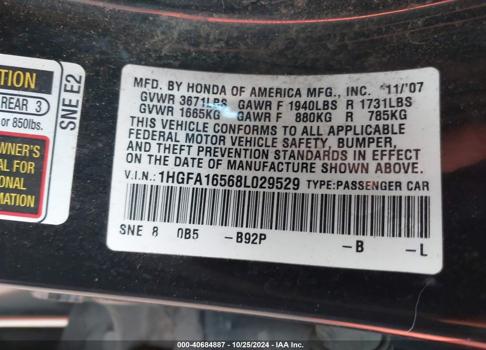 2008 HONDA CIVIC LX VIN: 1HGFA16568L029529