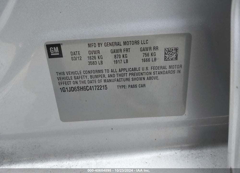 2012 CHEVROLET SONIC 1LT VIN: 1G1JD6SH6C4172215