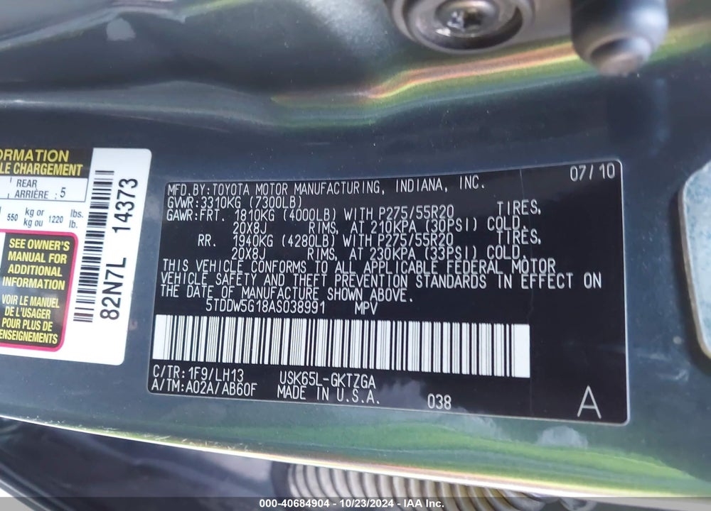 2010 TOYOTA SEQUOIA PLATINUM 5.7L V8 VIN: 5TDDW5G18AS038991