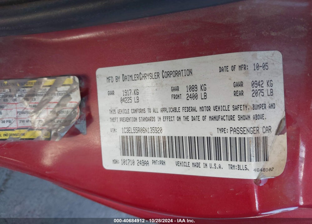 2006 CHRYSLER SEBRING TOURING VIN: 1C3EL55R06N135920
