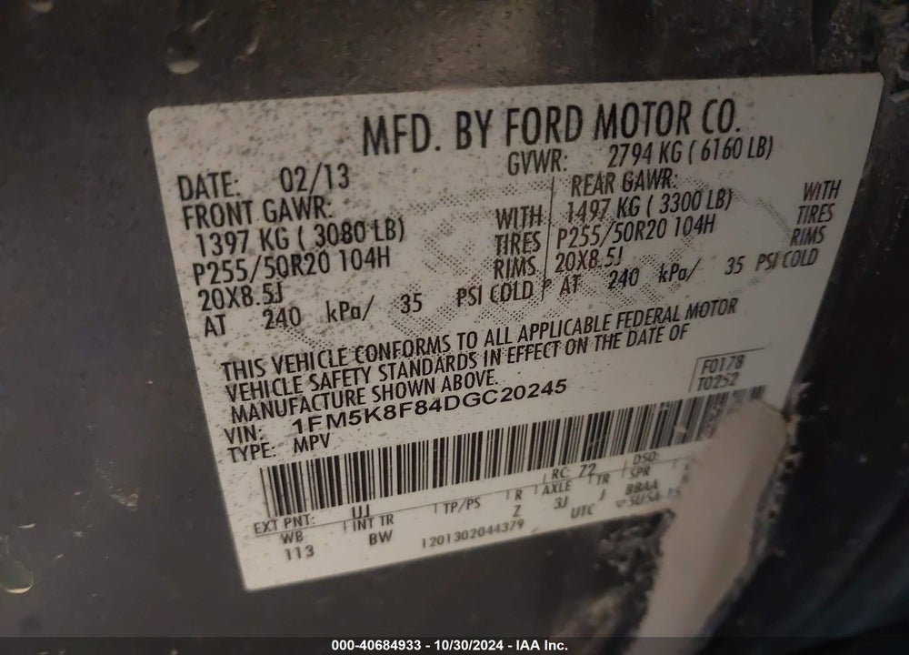 2013 FORD EXPLORER LIMITED VIN: 1FM5K8F84DGC20245