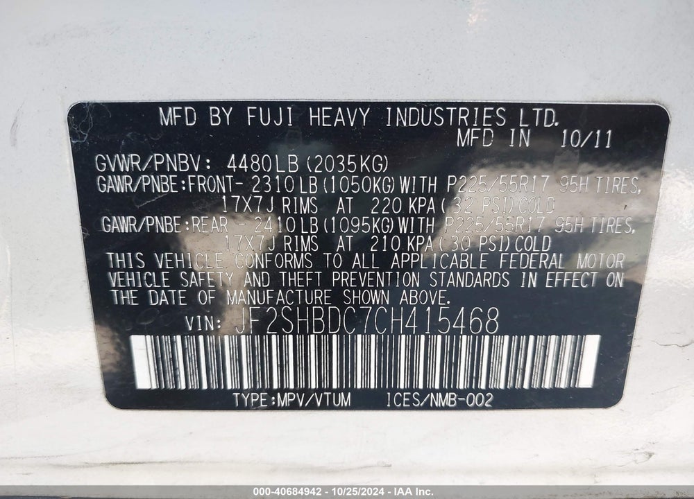 2012 SUBARU FORESTER 2.5X PREMIUM VIN: JF2SHBDC7CH415468