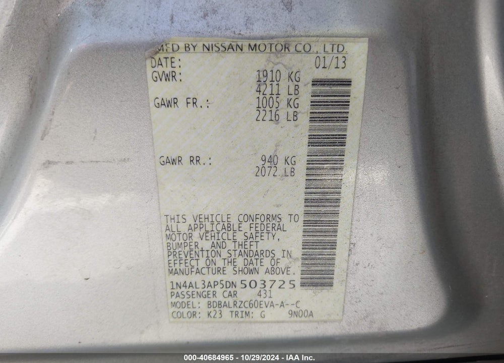 2013 NISSAN ALTIMA 2.5 S VIN: 1N4AL3AP5DN503725