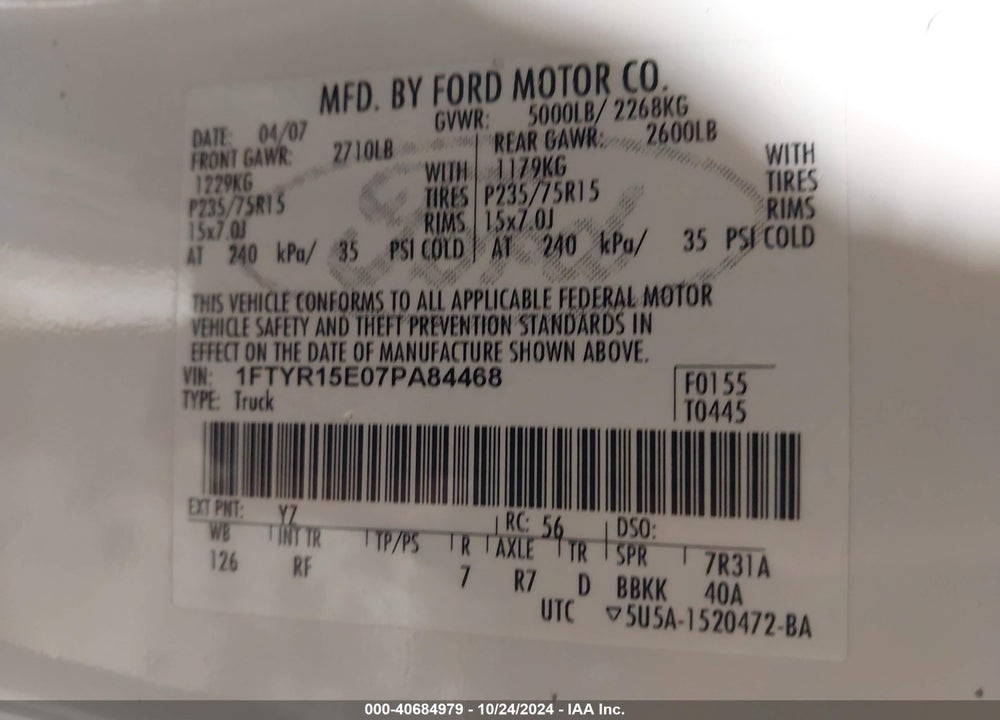 2007 FORD RANGER FX4 OFF-ROAD/SPORT/XL/XLT VIN: 1FTYR15E07PA84468
